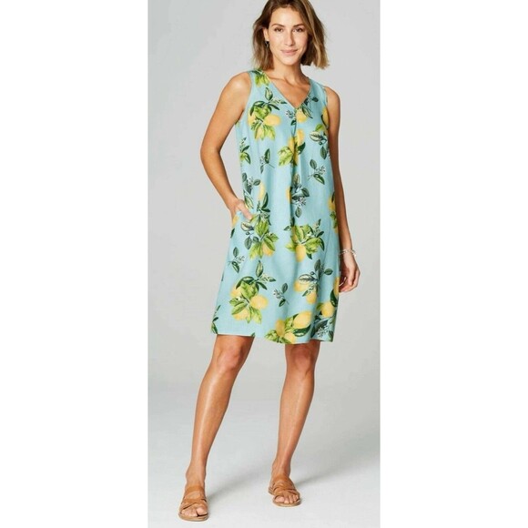 J. Jill LOVE LINEN dress with lemons sleeveless POPOVER SHIFT with pockets Large - Picture 1 of 12